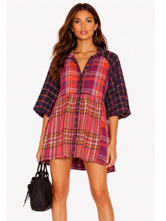 Free People Dresses & Skirts - Free People Moon Bay Mixed Plaid Dress Babydoll Patchwork Western Small